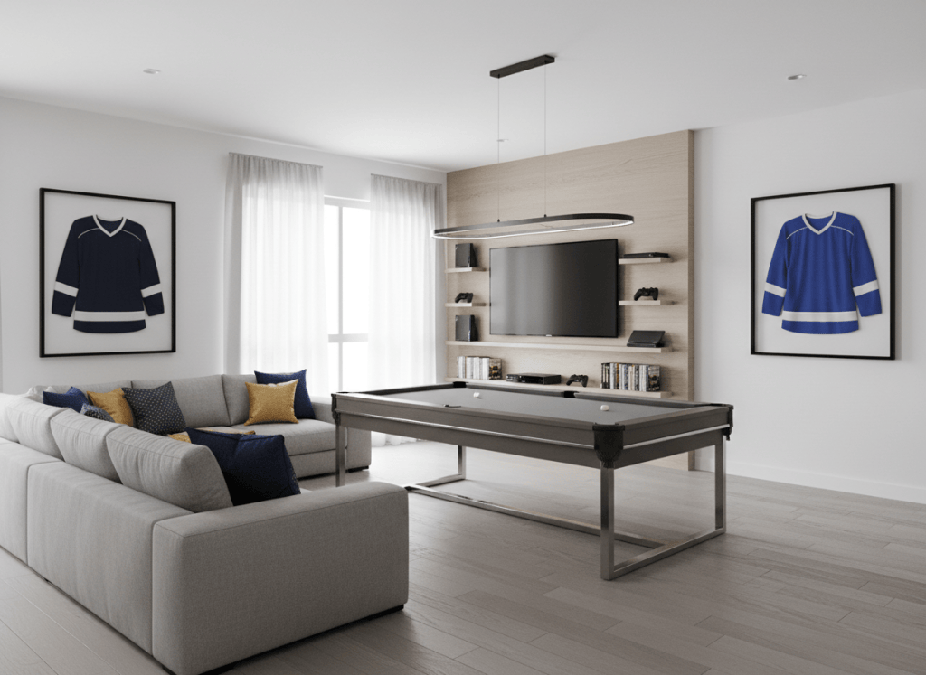 Concept rendering of a common game room with a pool table, sectional sofa and framed jerseys