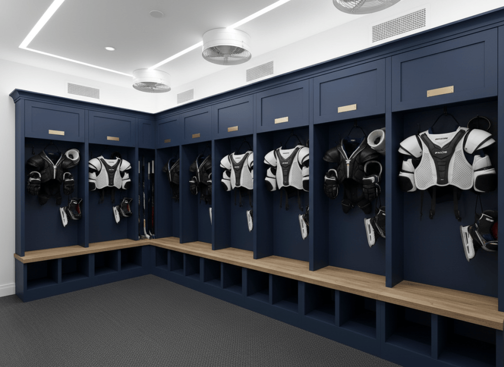 Concept rendering of a ventilated gear dry room with navy wooden locker stalls and hockey gear