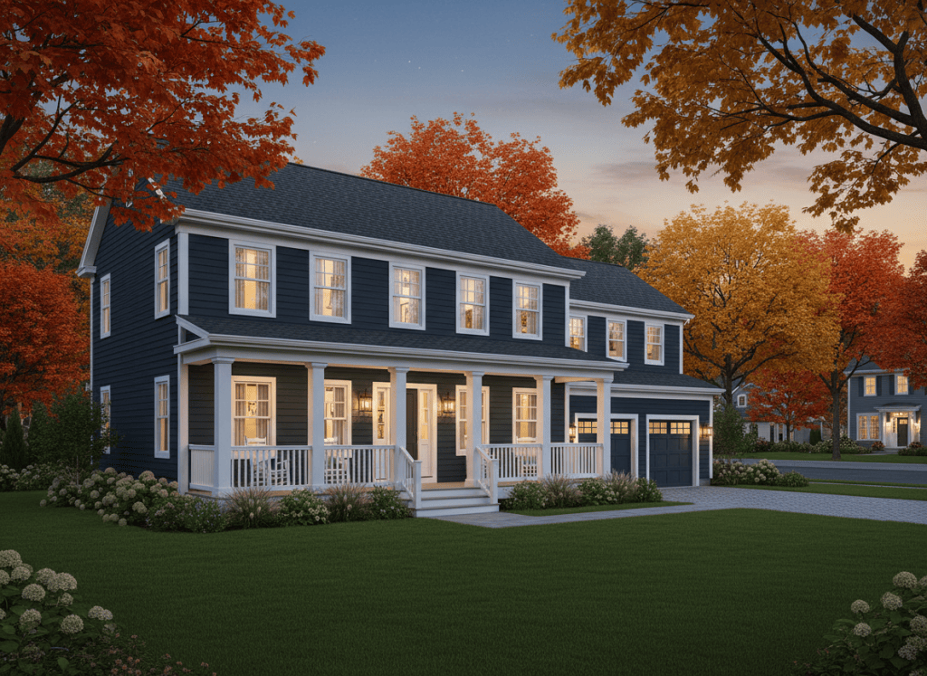 Concept rendering of a renovated navy colonial home with white trim and a covered front porch at dusk