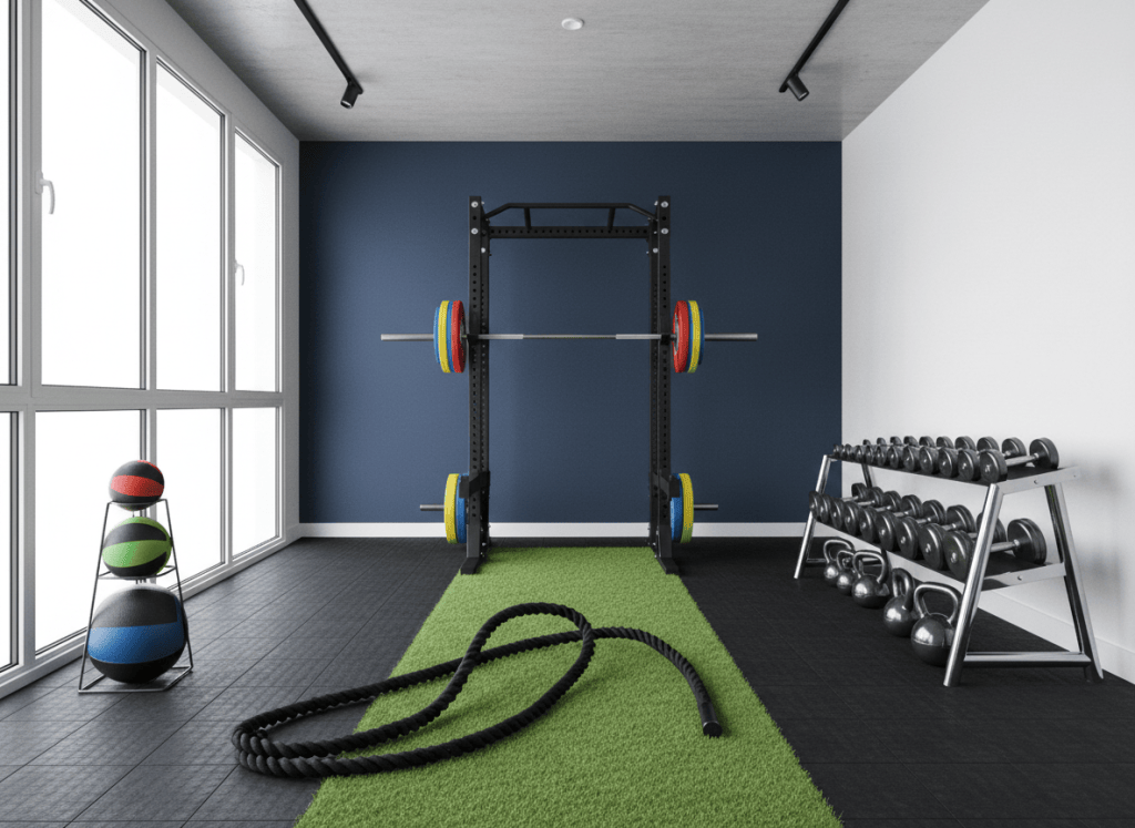 Concept rendering of a home gym with a squat rack, bumper plates, dumbbells and turf