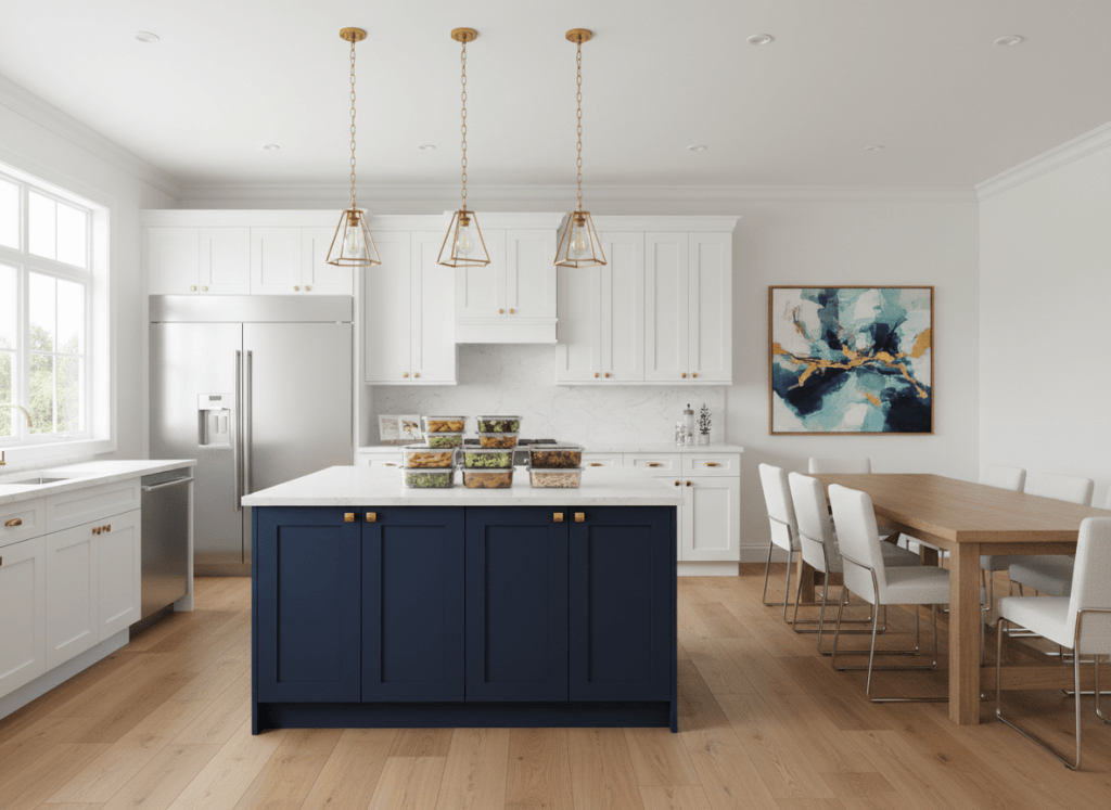 Concept rendering of a renovated open kitchen with a navy island and a long dining table