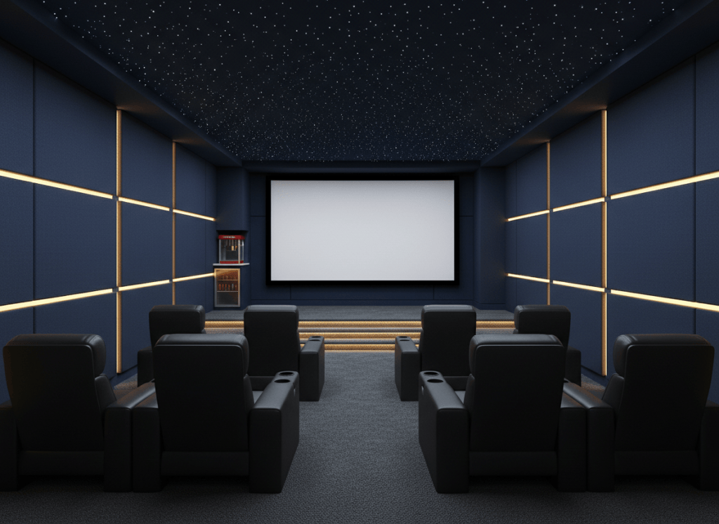 Concept rendering of a basement movie theater with leather recliners and a starry ceiling