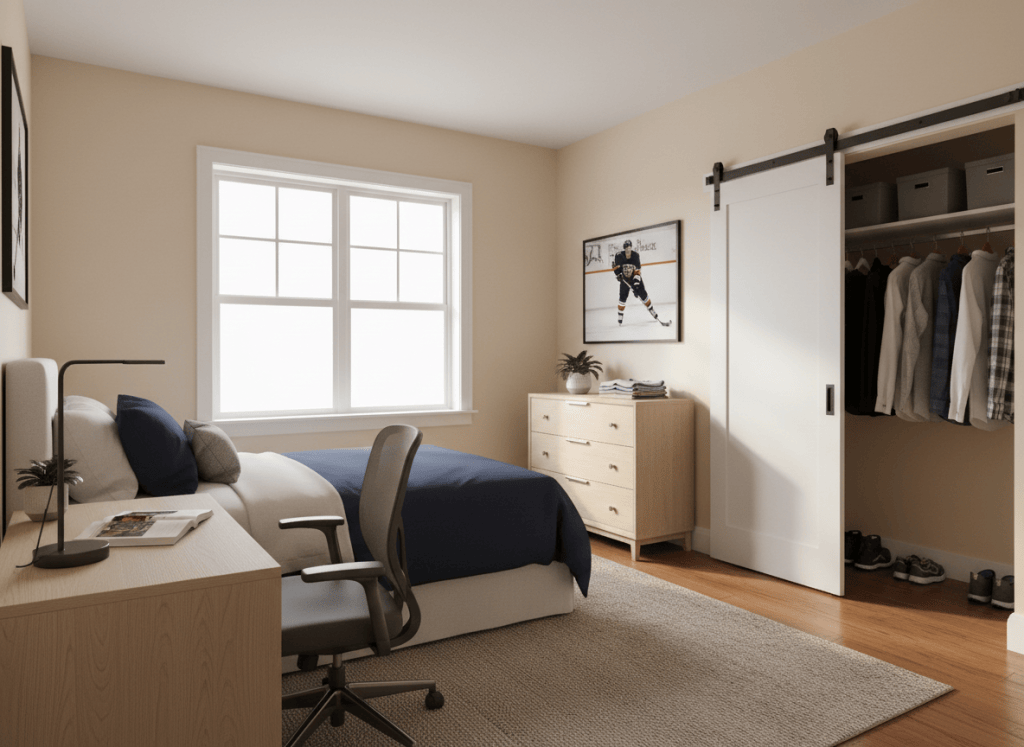Concept rendering of a furnished player bedroom with a bed, desk and dresser
