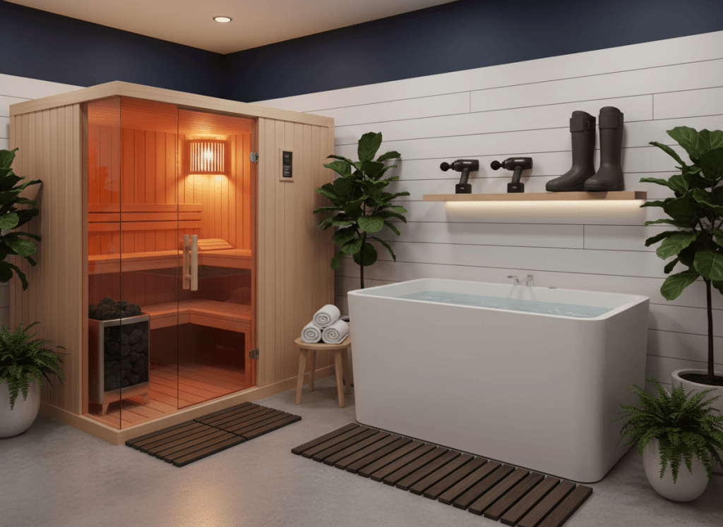 Concept rendering of a home recovery room with a cedar sauna, a cold plunge tub and recovery tools