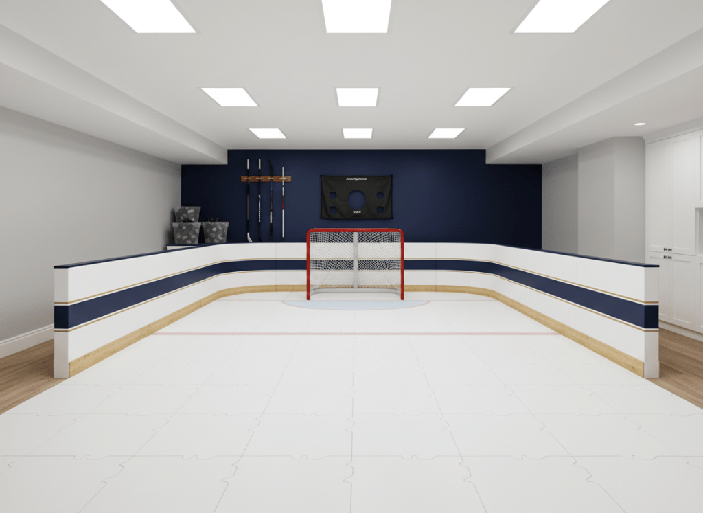 Concept rendering of a basement synthetic-ice shooting bay with dasher boards, a hockey net and a stick rack